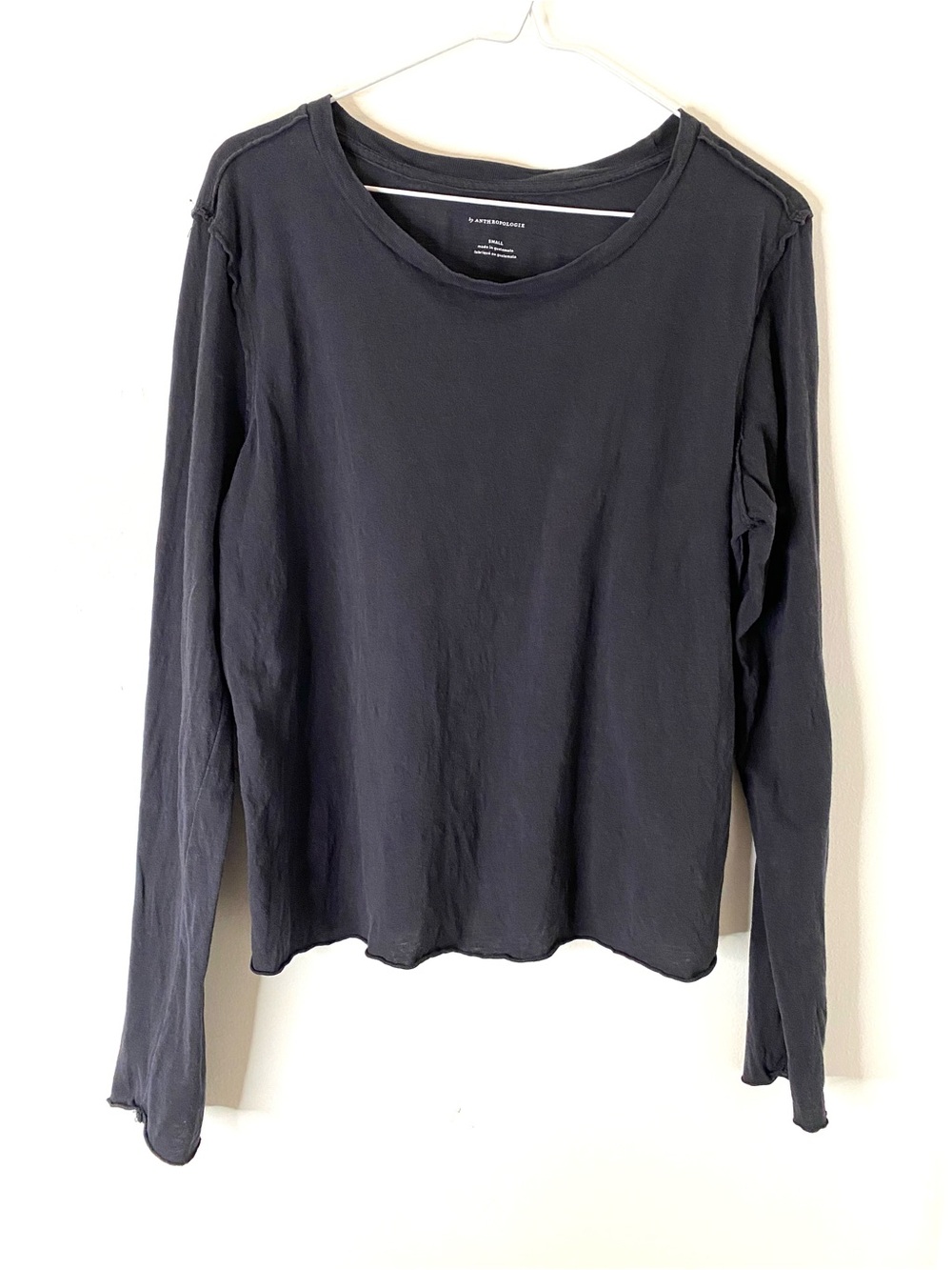 Anthropologie Black 100% Cotton Raw Edge Long Sleeve Tee Deconstructed